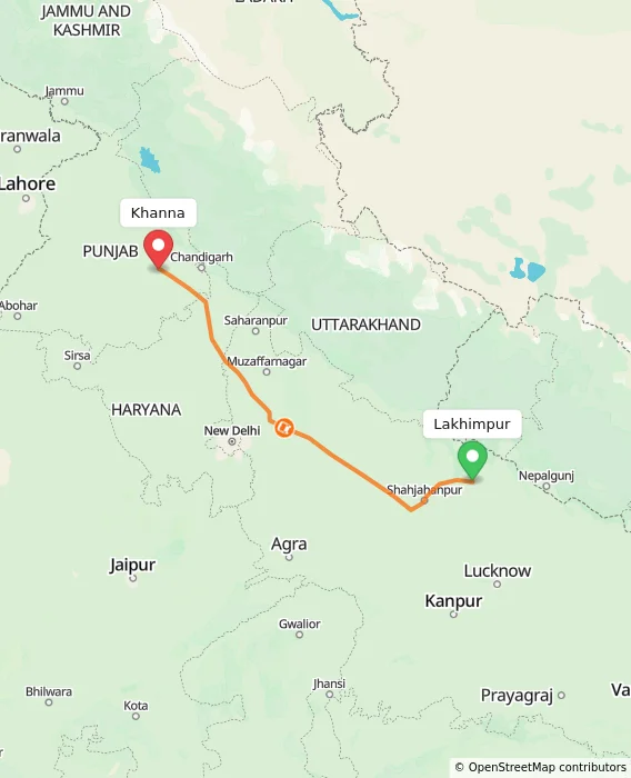 Route map showing distance and travel time from Lakhimpur, India to Khanna, India