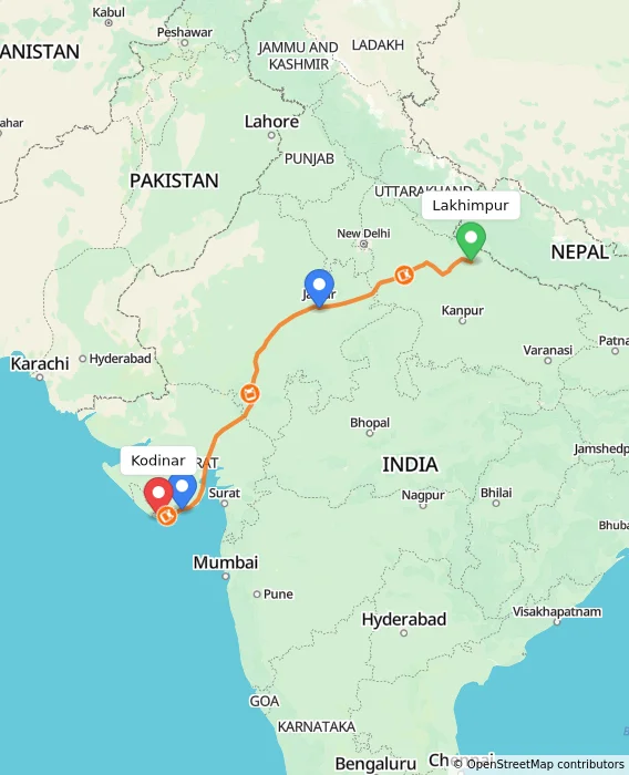 Route map showing distance and travel time from Lakhimpur, India to Kodinar, India