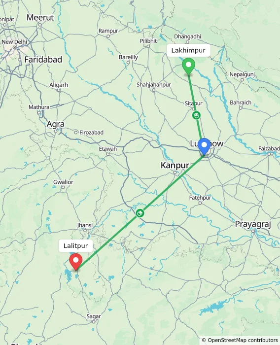 Route map showing distance and travel time from Lakhimpur, India to Lalitpur, India