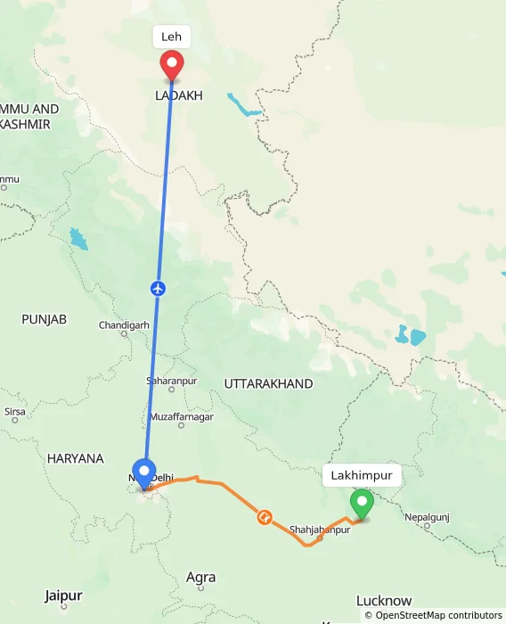 Route map showing distance and travel time from Lakhimpur, India to Leh, India