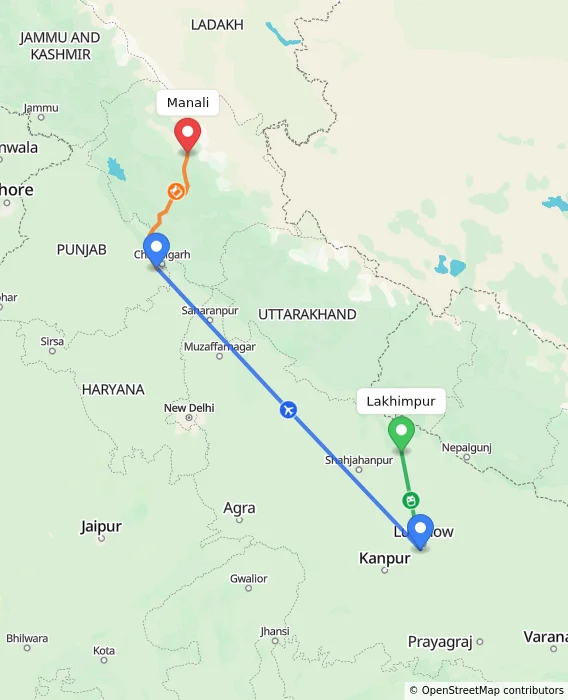 Route map showing distance and travel time from Lakhimpur, India to Manali, India