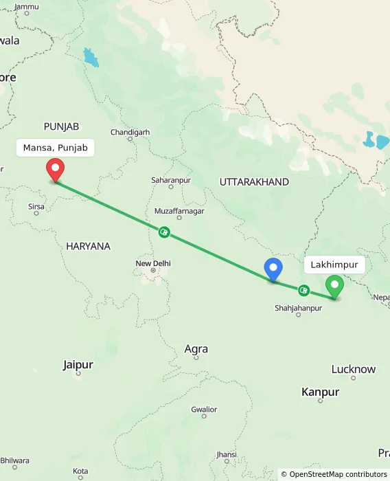 Route map showing distance and travel time from Lakhimpur, India to Mansa, Punjab, India