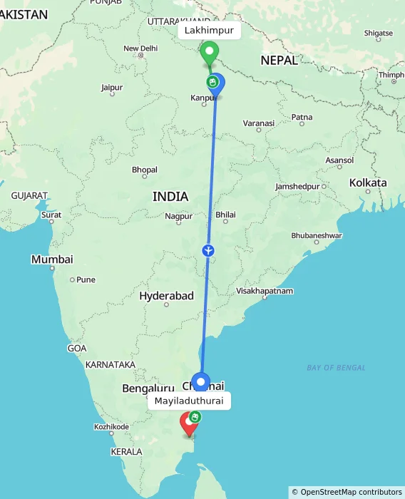 Route map showing distance and travel time from Lakhimpur, India to Mayiladuthurai, India