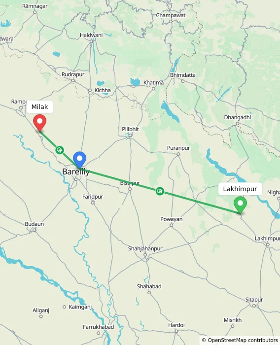 Route map showing distance and travel time from Lakhimpur, India to Milak, India