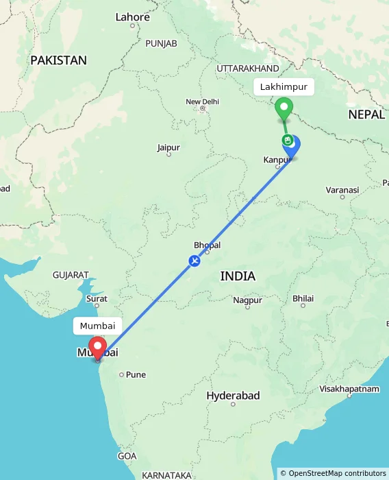 Route map showing distance and travel time from Lakhimpur, India to Mumbai, India