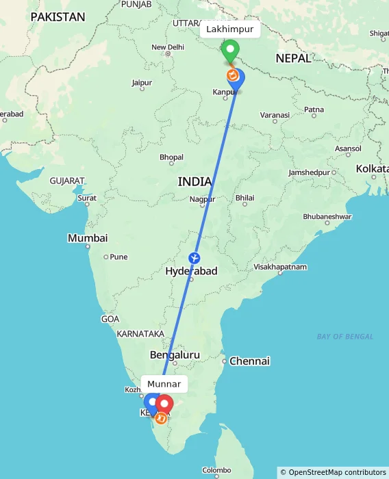 Route map showing distance and travel time from Lakhimpur, India to Munnar, India