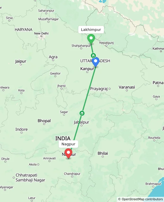 Route map showing distance and travel time from Lakhimpur, India to Nagpur, India