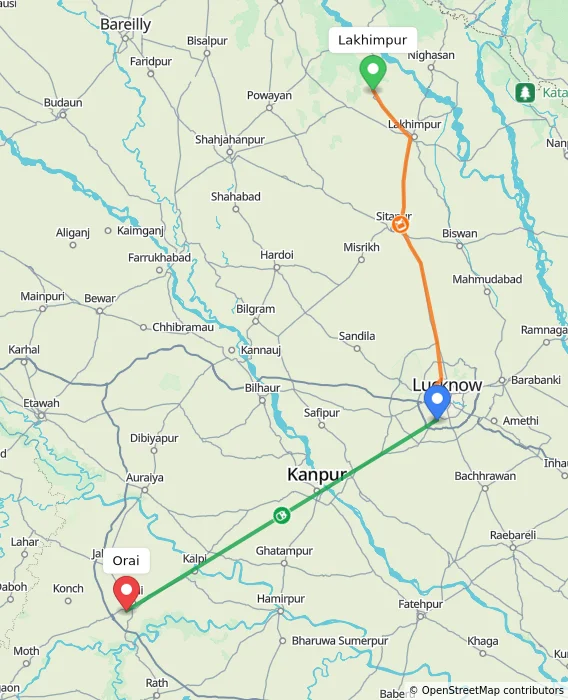 Route map showing distance and travel time from Lakhimpur, India to Orai, India