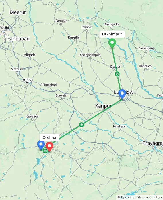 Route map showing distance and travel time from Lakhimpur, India to Orchha, India
