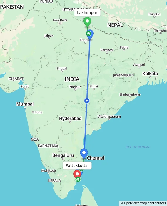 Route map showing distance and travel time from Lakhimpur, India to Pattukkottai, India
