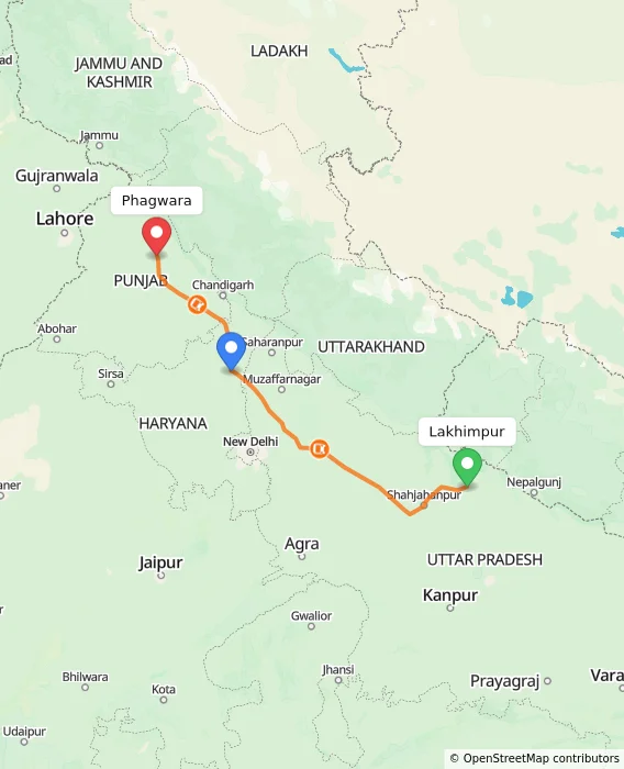 Route map showing distance and travel time from Lakhimpur, India to Phagwara, India