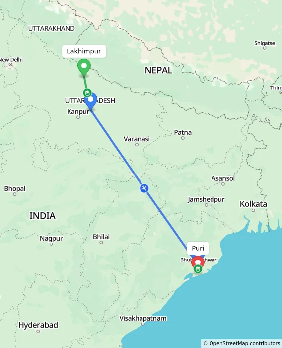 Route map showing distance and travel time from Lakhimpur, India to Puri, India