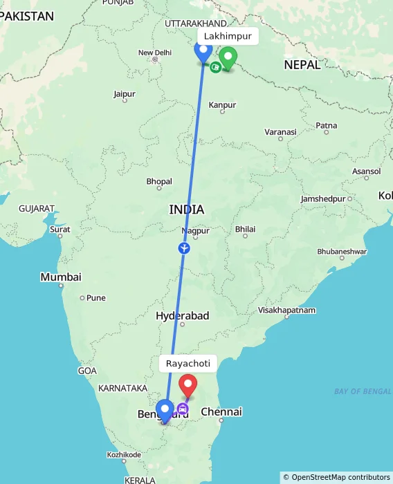 Route map showing distance and travel time from Lakhimpur, India to Rayachoti, India