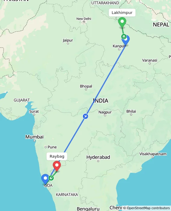 Route map showing distance and travel time from Lakhimpur, India to Raybag, India