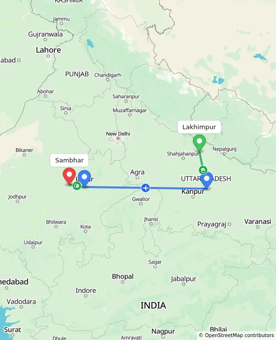 Route map showing distance and travel time from Lakhimpur, India to Sambhar, India