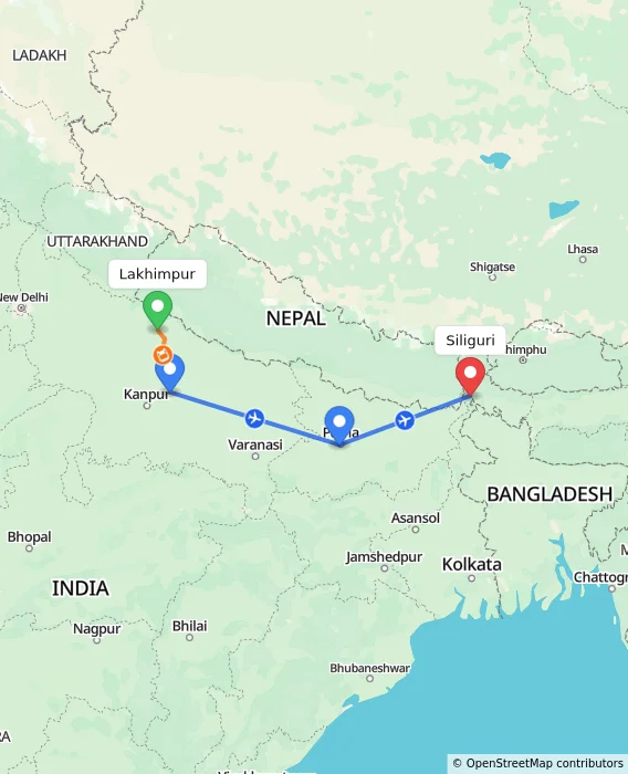 Route map showing distance and travel time from Lakhimpur, India to Siliguri, India