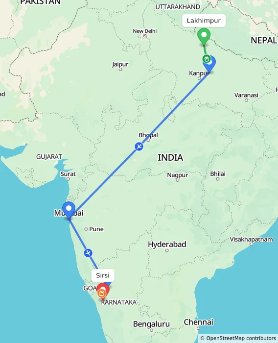 Route map showing distance and travel time from Lakhimpur, India to Sirsi, India