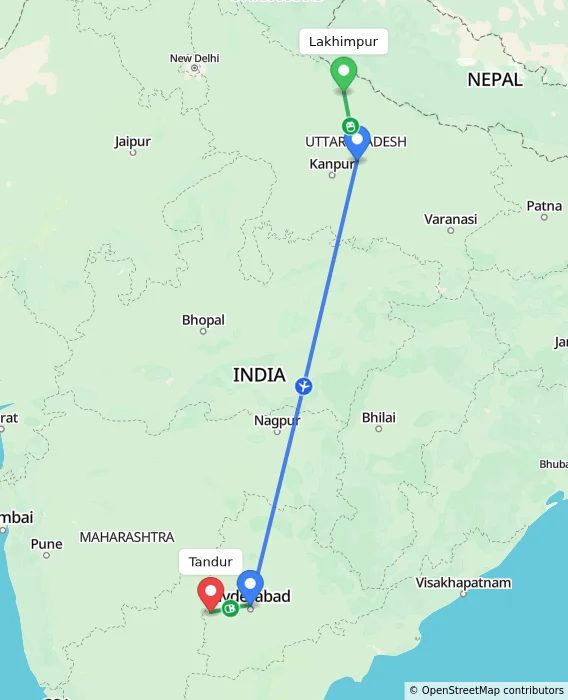 Route map showing distance and travel time from Lakhimpur, India to Tandur, India