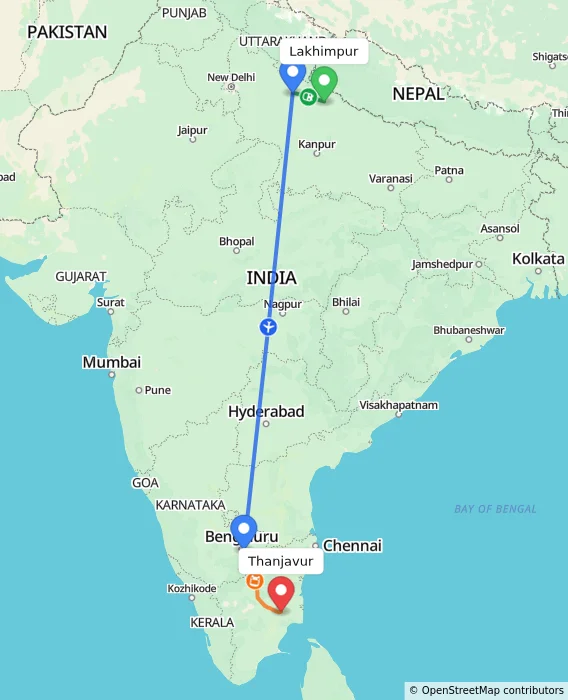 Route map showing distance and travel time from Lakhimpur, India to Thanjavur, India
