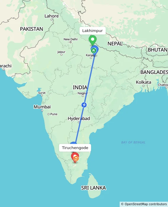 Route map showing distance and travel time from Lakhimpur, India to Tiruchengode, India