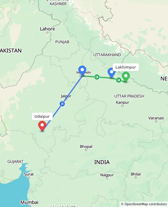 Route map showing distance and travel time from Lakhimpur, India to Udaipur, India