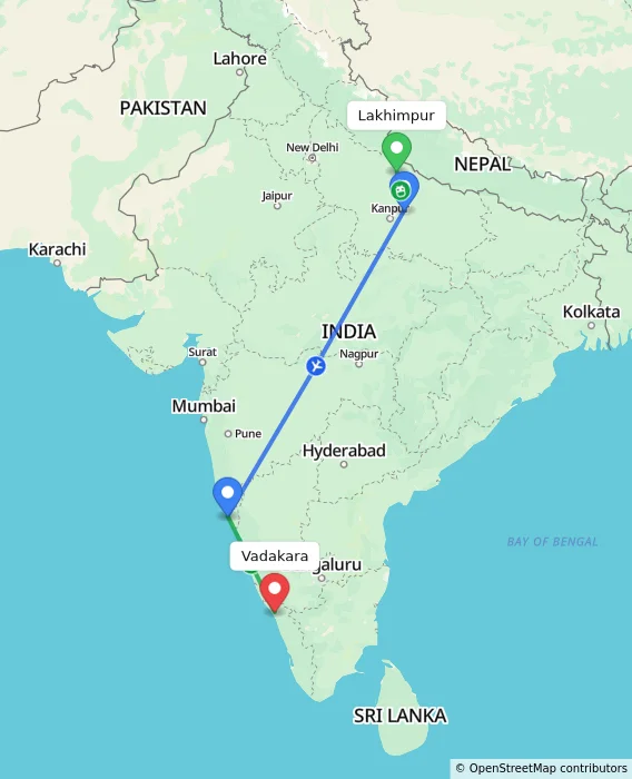 Route map showing distance and travel time from Lakhimpur, India to Vadakara, India