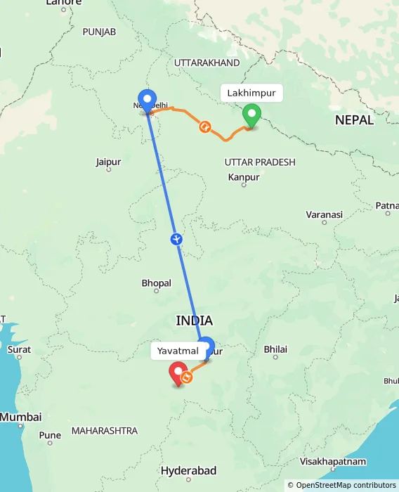 Route map showing distance and travel time from Lakhimpur, India to Yavatmal, India