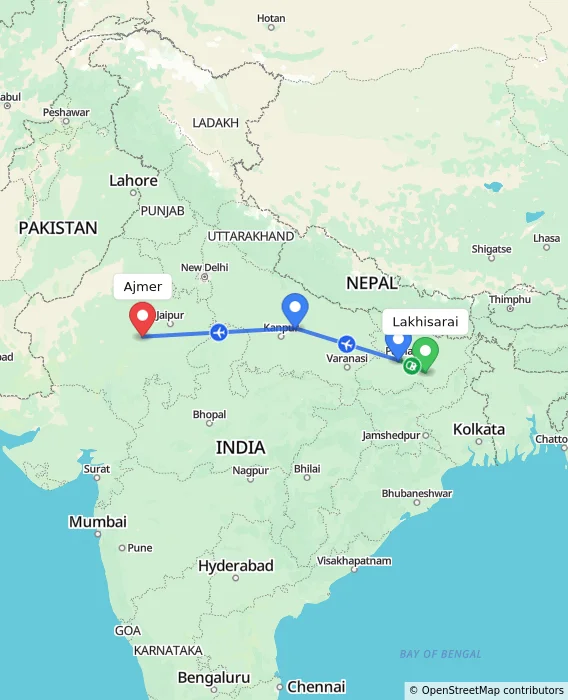 Route map showing distance and travel time from Lakhisarai, India to Ajmer, India