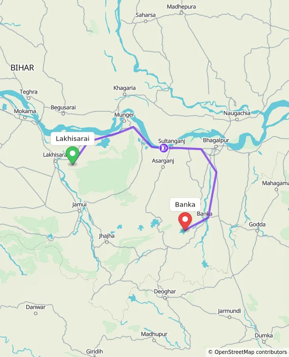 Route map showing distance and travel time from Lakhisarai, India to Banka, India