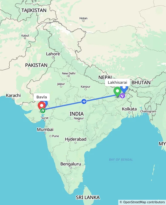 Route map showing distance and travel time from Lakhisarai, India to Bavla, India