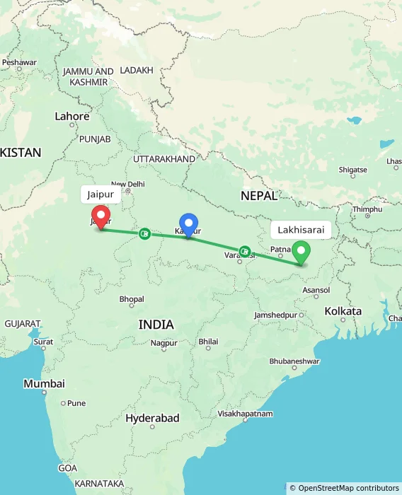 Route map showing distance and travel time from Lakhisarai, India to Jaipur, India