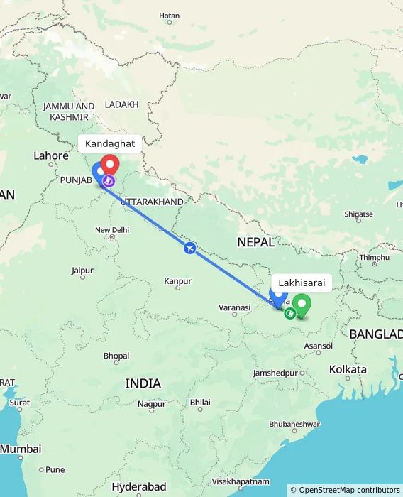Route map showing distance and travel time from Lakhisarai, India to Kandaghat, India