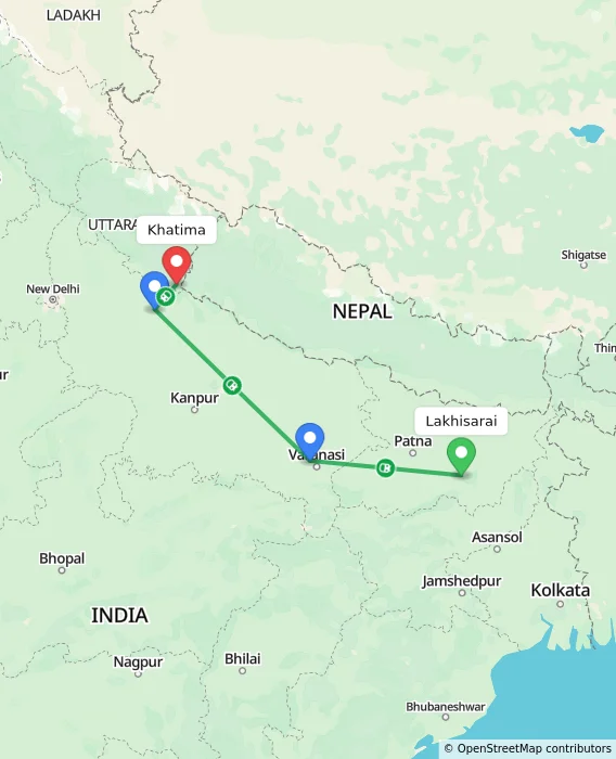 Route map showing distance and travel time from Lakhisarai, India to Khatima, India