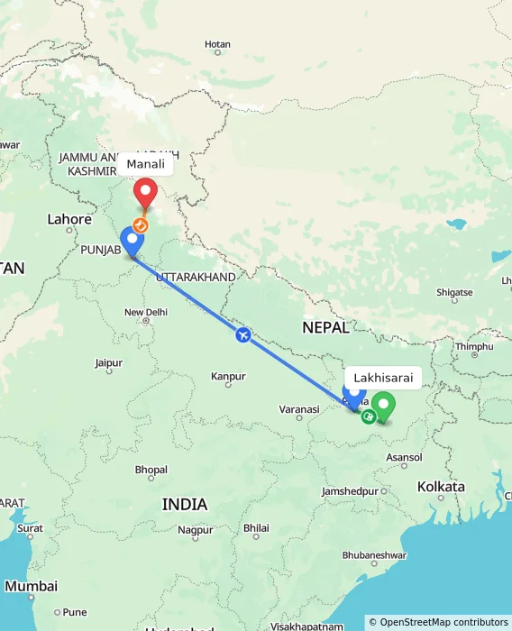 Route map showing distance and travel time from Lakhisarai, India to Manali, India