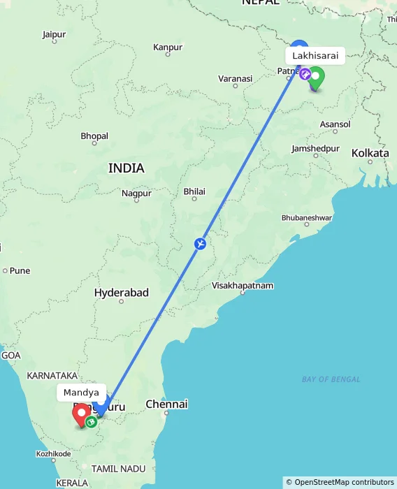 Route map showing distance and travel time from Lakhisarai, India to Mandya, India
