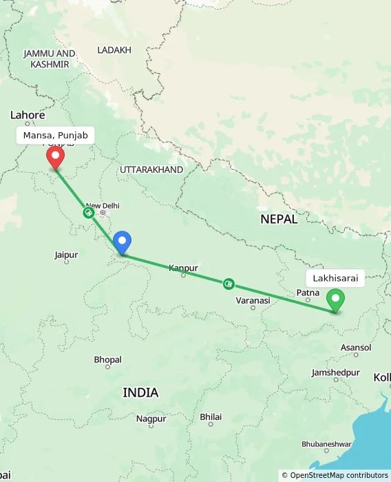 Route map showing distance and travel time from Lakhisarai, India to Mansa, Punjab, India