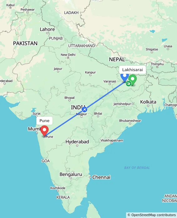 Route map showing distance and travel time from Lakhisarai, India to Pune, India