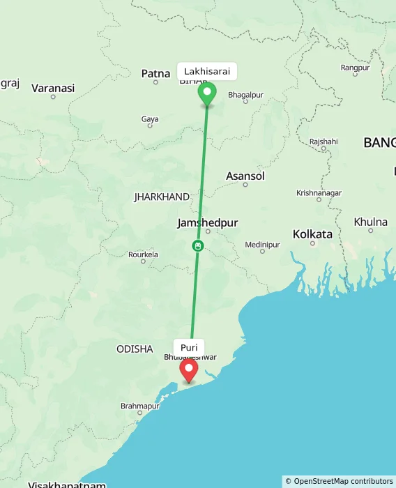 Route map showing distance and travel time from Lakhisarai, India to Puri, India