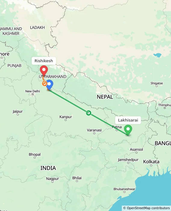 Route map showing distance and travel time from Lakhisarai, India to Rishikesh, India