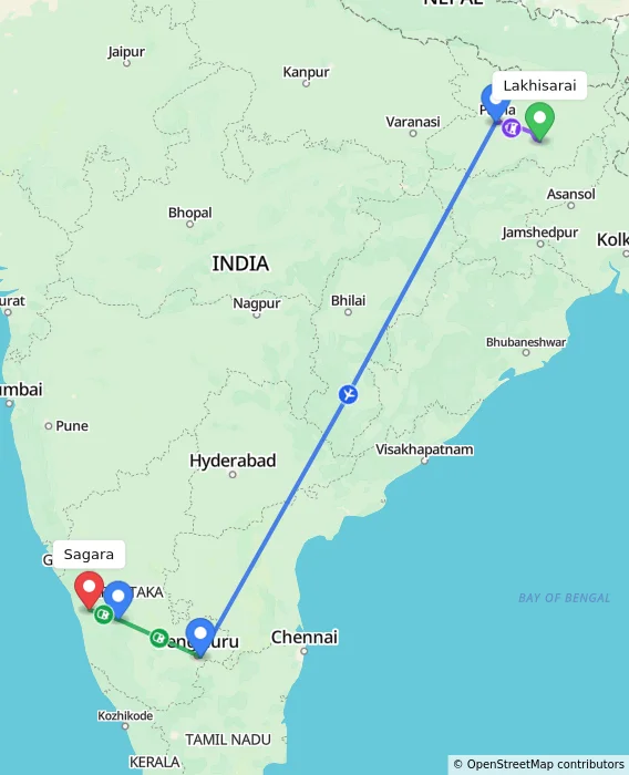 Route map showing distance and travel time from Lakhisarai, India to Sagara, India