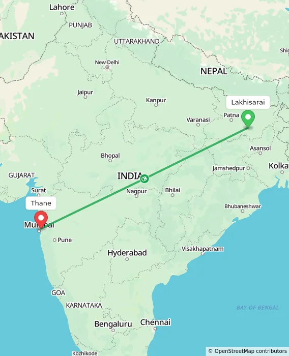 Route map showing distance and travel time from Lakhisarai, India to Thane, India