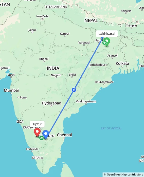 Route map showing distance and travel time from Lakhisarai, India to Tiptur, India