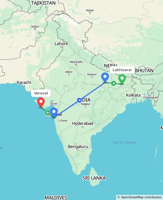 Route map showing distance and travel time from Lakhisarai, India to Veraval, India