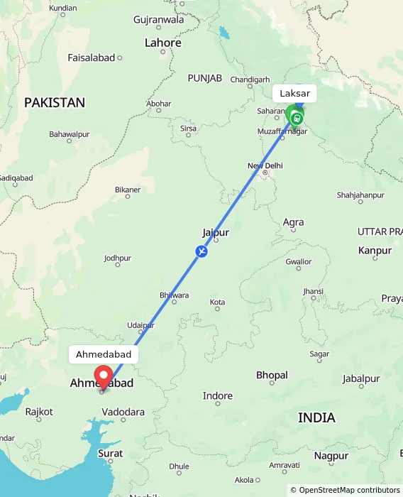 Route map showing distance and travel time from Laksar, India to Ahmedabad, India