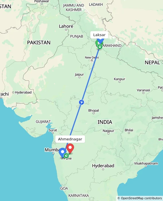 Route map showing distance and travel time from Laksar, India to Ahmednagar, India