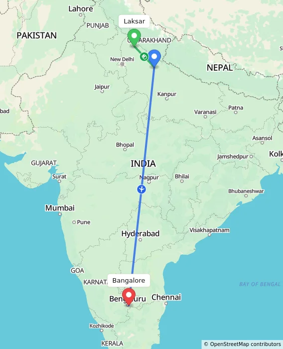Route map showing distance and travel time from Laksar, India to Bangalore, India