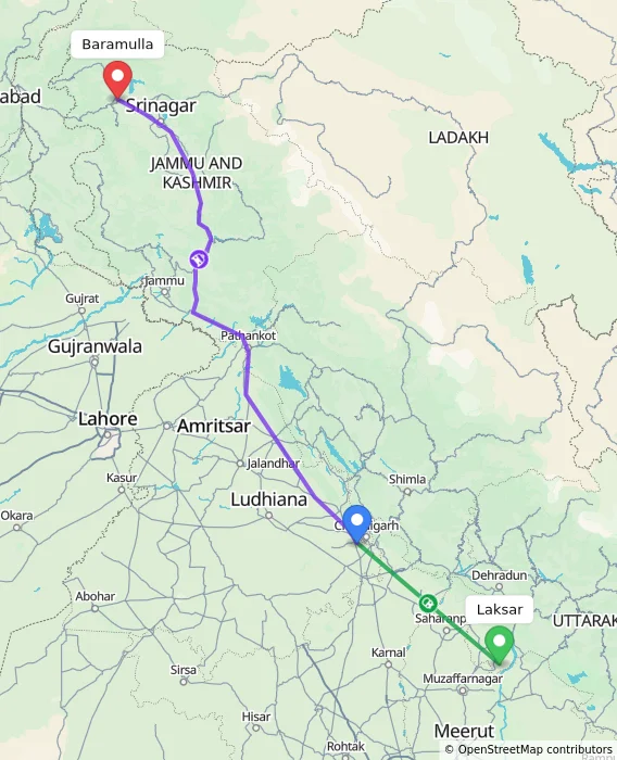 Route map showing distance and travel time from Laksar, India to Baramulla, India