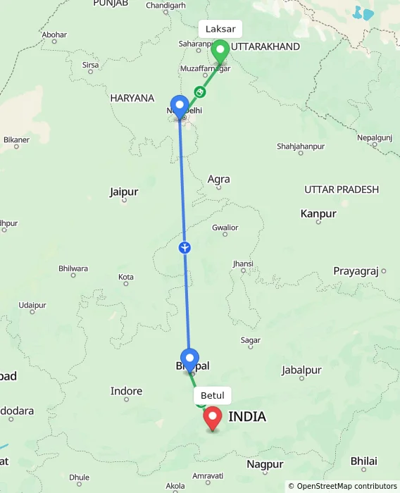 Route map showing distance and travel time from Laksar, India to Betul, India
