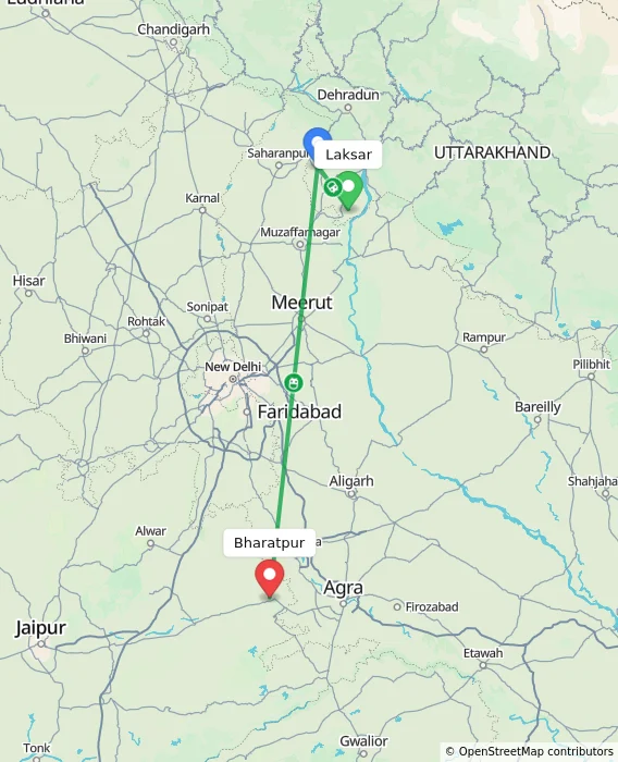 Route map showing distance and travel time from Laksar, India to Bharatpur, India