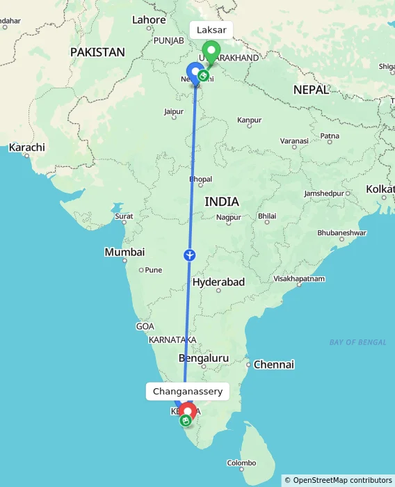 Route map showing distance and travel time from Laksar, India to Changanassery, India